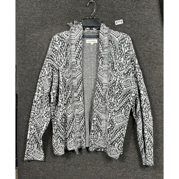 Lucky Brand Open Front Cardigan Sweater Womens Size M Black White Paisley Print - Picture 1 of 8